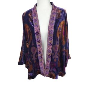 Chico's Women's Burnout Woven Velvet Purple Abstract Print Boho Open Kimono